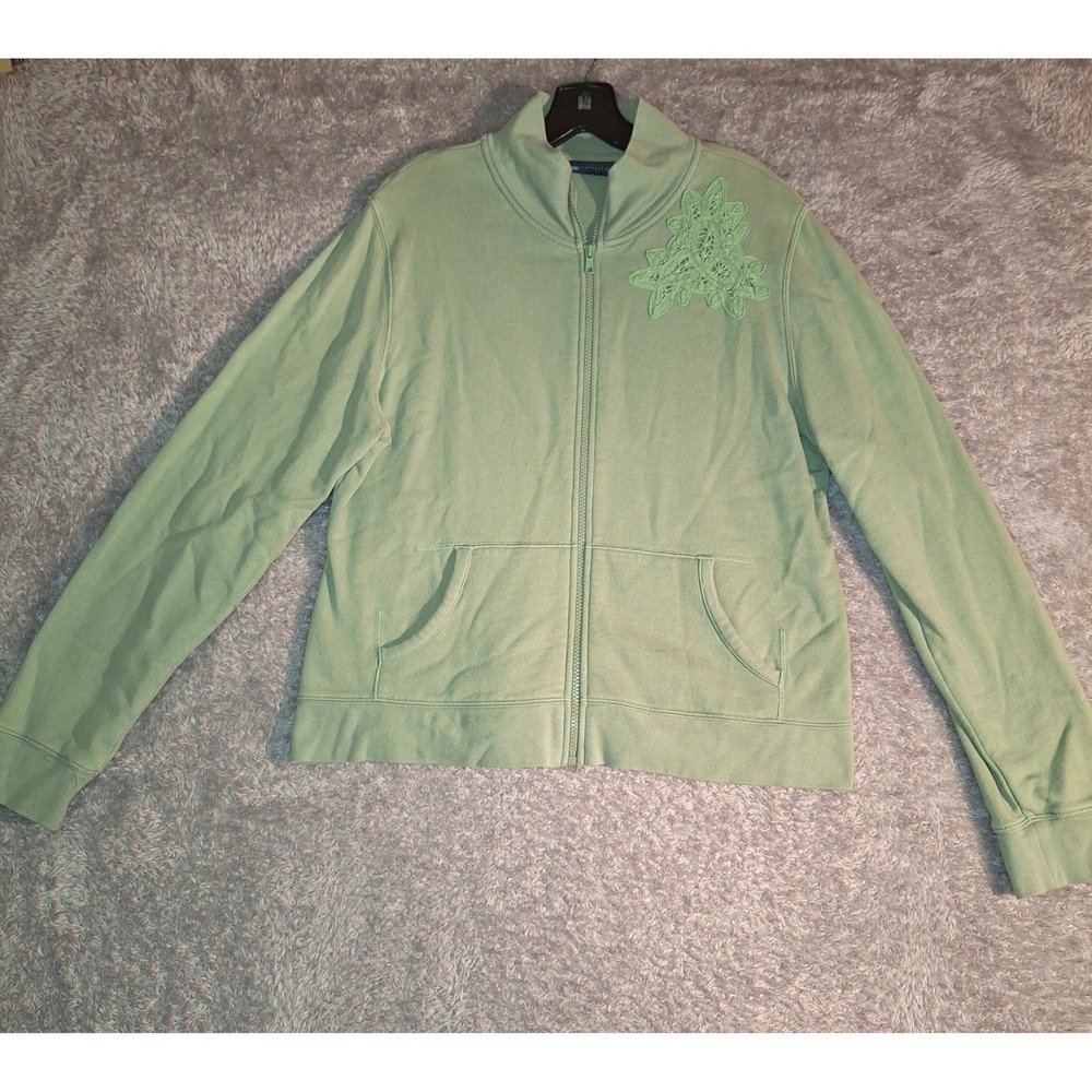 Relativity Womens Full Zip Cotton Sweatshirt Large Sage Green Lace Applique